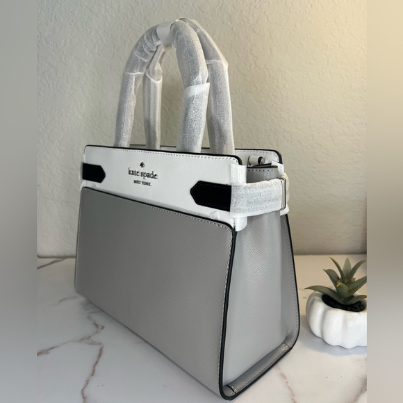 NWT ♠️ Kate Spade Medium Staci Satchel Colorblock Nimbus Grey with Pom - Picture 3 of 11